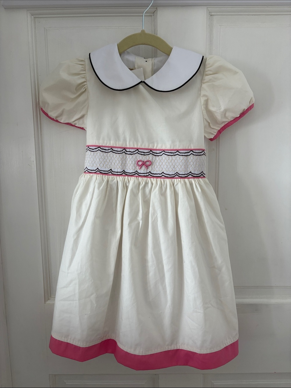 Classic Ivory Smocked Peter Pan Collar Dress with Pink Trim - Kids